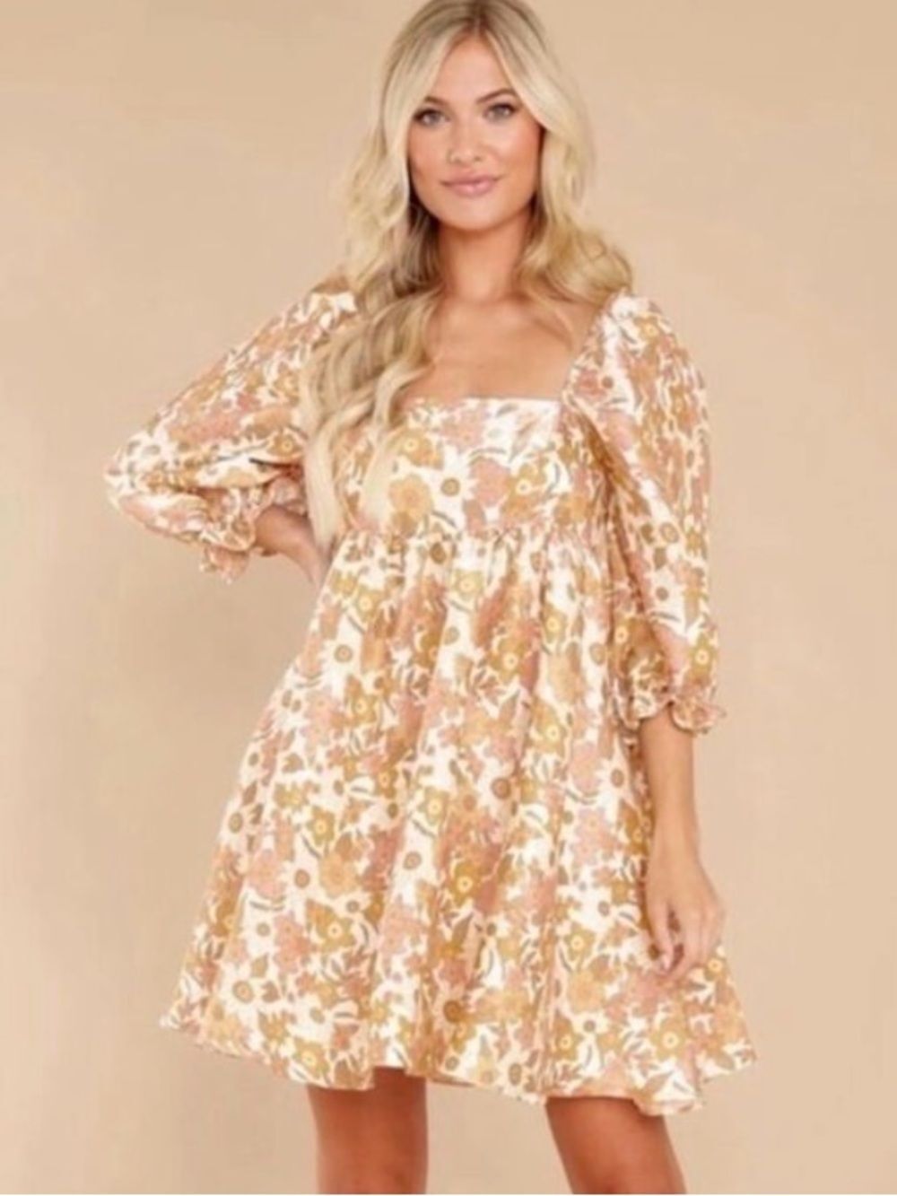 Storia Shimmering Floral Mini Babydoll Dress Whinsical Cottagecore Peach Tan S